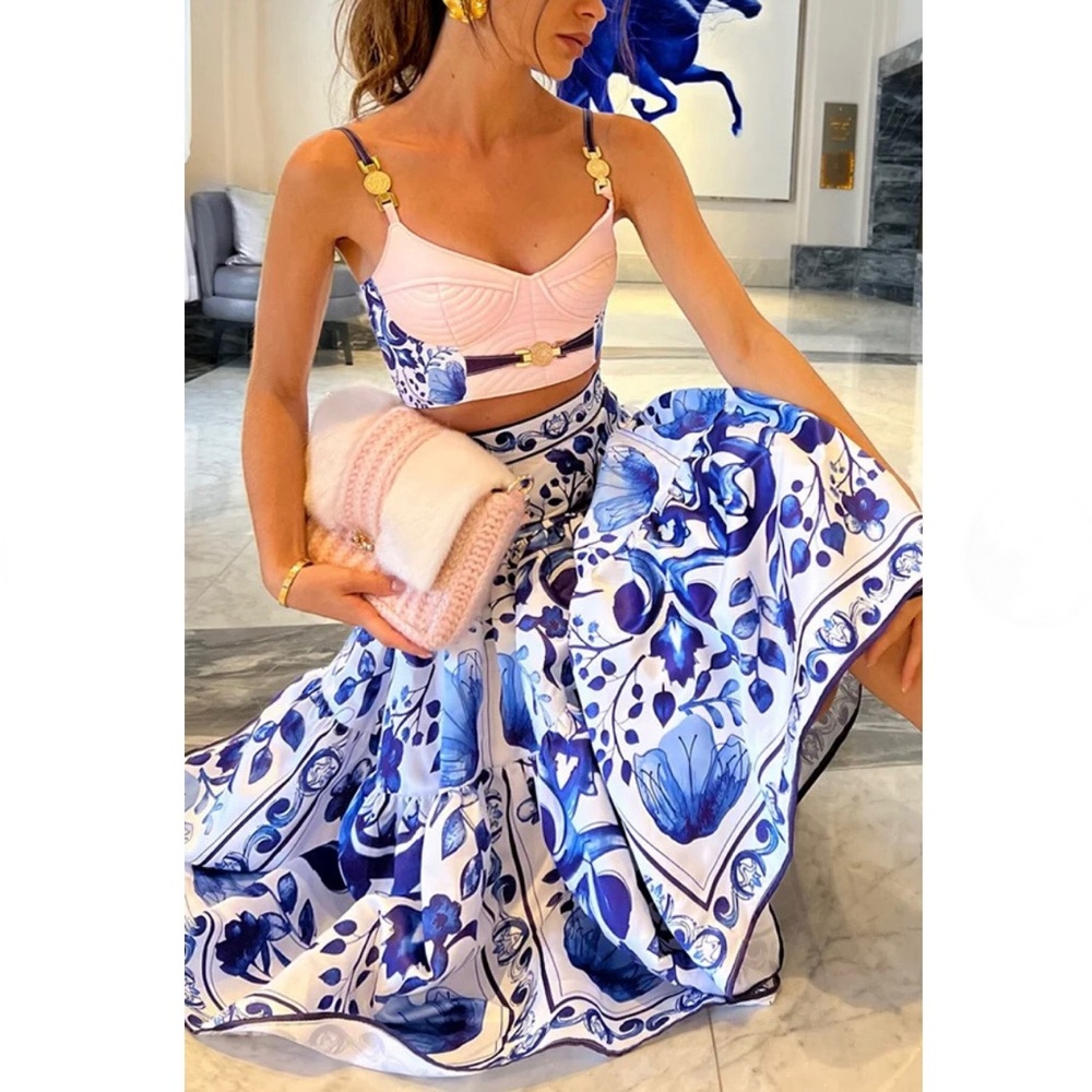 SET of 2- blue floral and peach matching maxi skirt set size medium